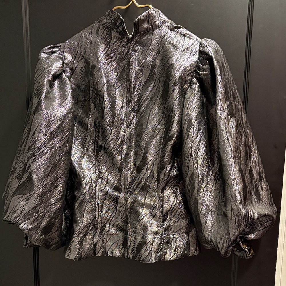 Metallic Puff Sleeve Jacket shirt zipper on back nwt ganni size 36 designer lux